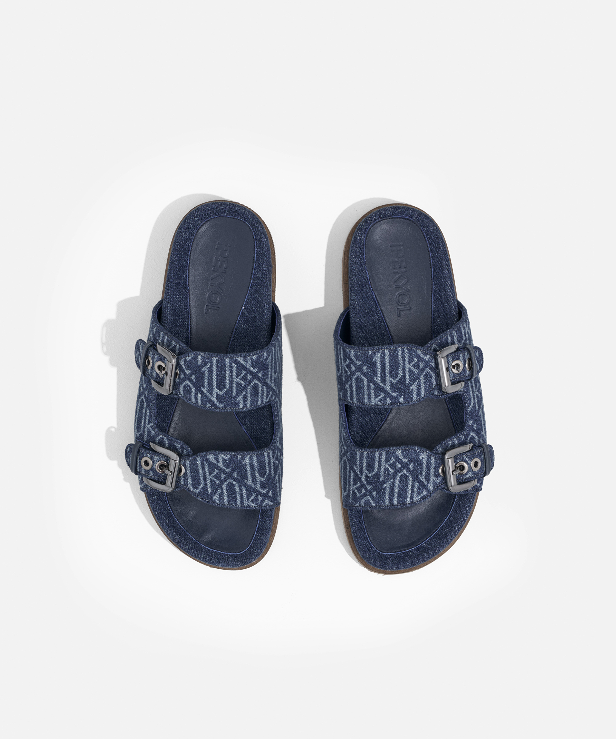 Monogram çift bantlı denim terlik_2